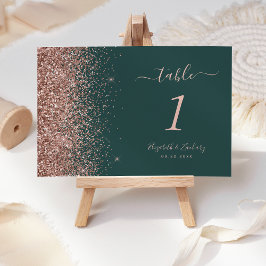 Modern mörkgrön roséguld glitter bröllop bordsnummer