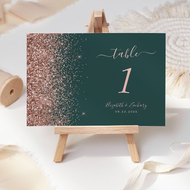 Modern mörkgrön roséguld glitter bröllop bordsnummer (Skapare uppladdad)