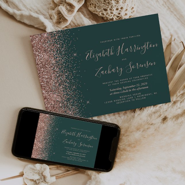 Modern mörkgrön roséguld glitter bröllop inbjudningar (Skapare uppladdad)