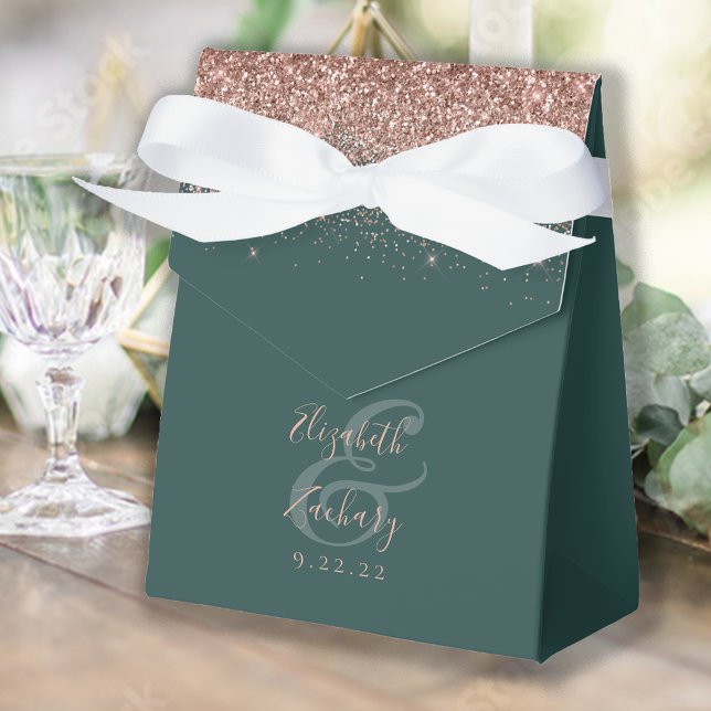 Modern mörkgrön roséguld glitter bröllop presentaskar (Skapare uppladdad)