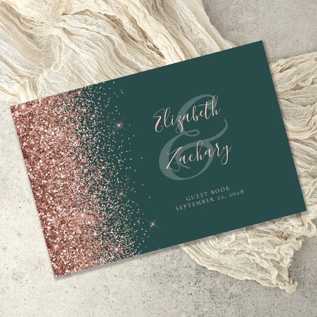 Modern mörkgrön roséguld glitter-skrift gästböcker (Skapare uppladdad)