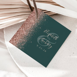 Modern mörkgrön roséguld glitterbröllop gåvor etiketter