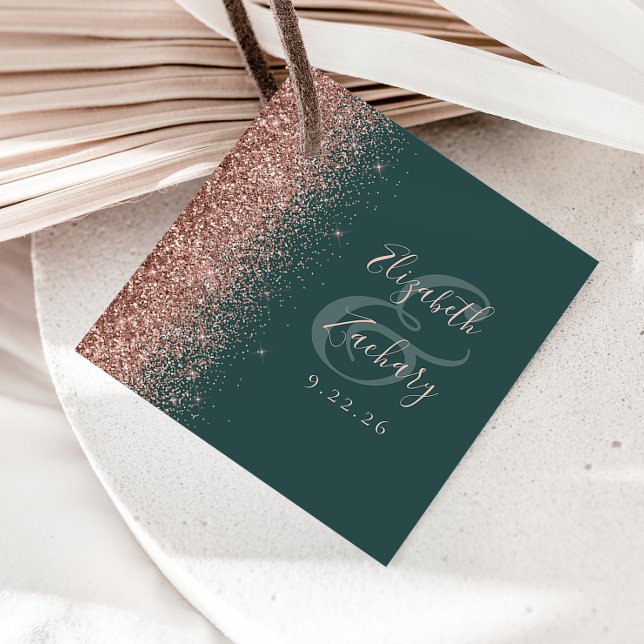 Modern mörkgrön roséguld glitterbröllop gåvor etiketter (Skapare uppladdad)