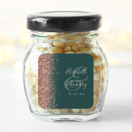 Modern mörkgrön roséguld glitterkant bröllop fyrkantigt klistermärke