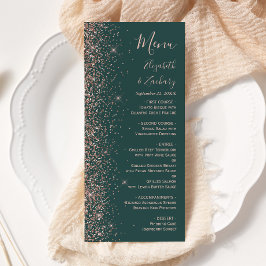 Modern mörkgrön roséguld glitterkant bröllop meny