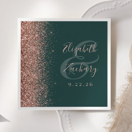 Modern mörkgrön roséguld glitterkant bröllop pappersservett