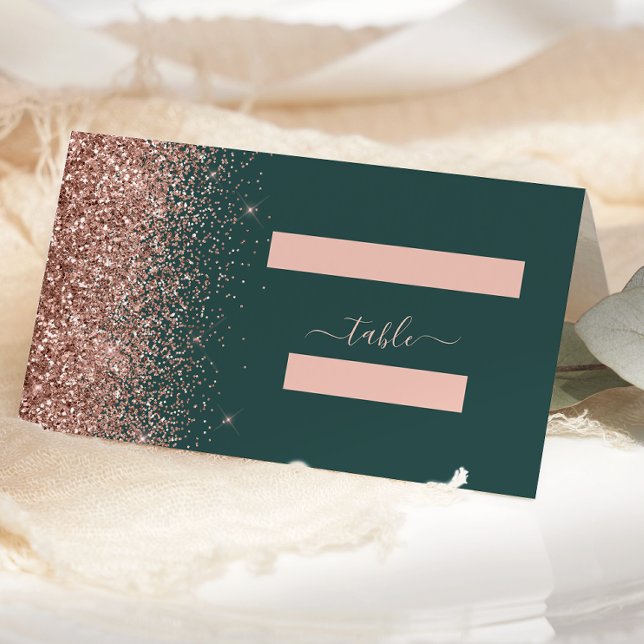 Modern mörkgrön roséguld glitterkant bröllop placeringskort (Skapare uppladdad)