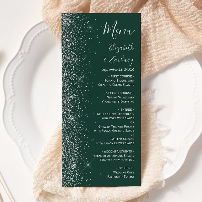 Modern mörkgrön silverglitter kant bröllop meny (Skapare uppladdad)
