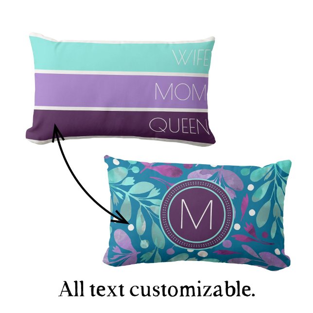 Modern Mors dag Typografi och Blommigt Lumbarkudde (Customizable Mother's Day pillow in aqua, lilac, and deep purple. Personalize with initial and text.)