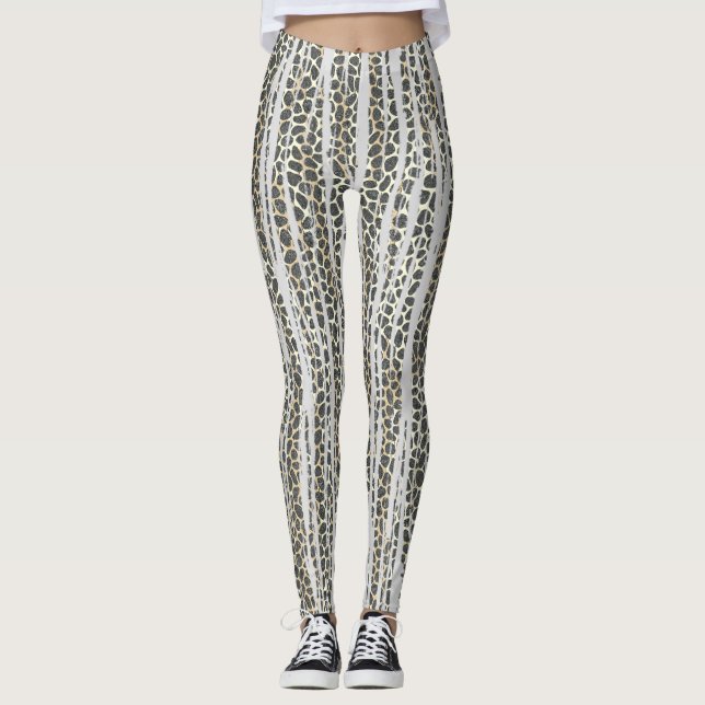 Modern mosaikstrimlad djurskrift leggings (Framsida)