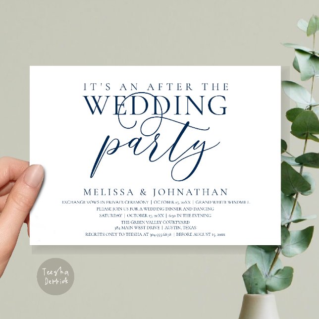 modern mottagning, Det är en efter bröllopsfest Inbjudningar (modern reception, It's an after the wedding Dinner Dancing Party Invitation Card in Navy Blue)