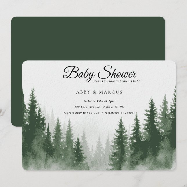 Modern Mountain Forest Adventure Green Baby Shower Inbjudningar (Fram/baksida)