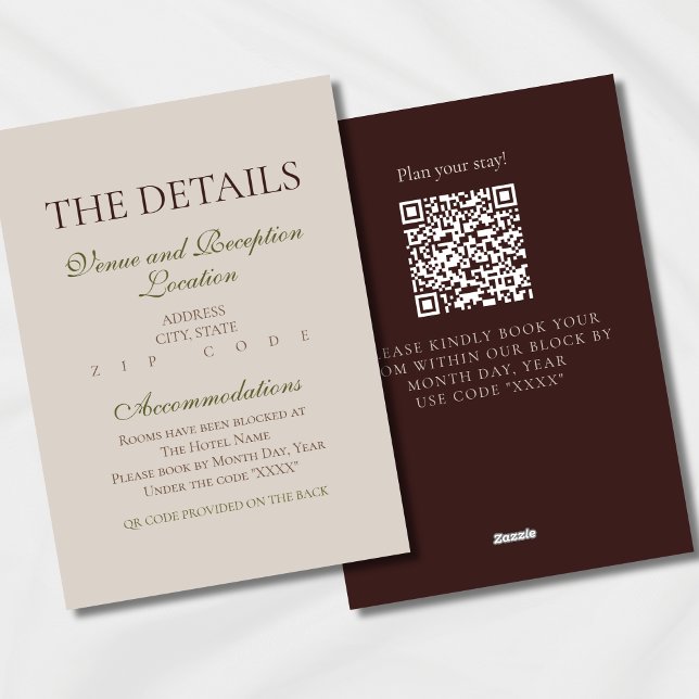 Modern Mousse Brown Bröllop Hotel Block-hölje Tilläggskort (Modern Elegant Mousse Brown Wedding Suite Theme with options to personalize for your special day.)
