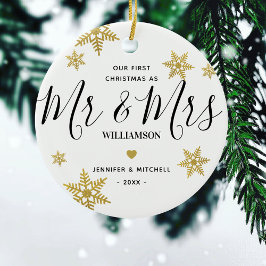 Modern Mr & Mrs Guld Snowflake vår första jul Julgransprydnad Keramik