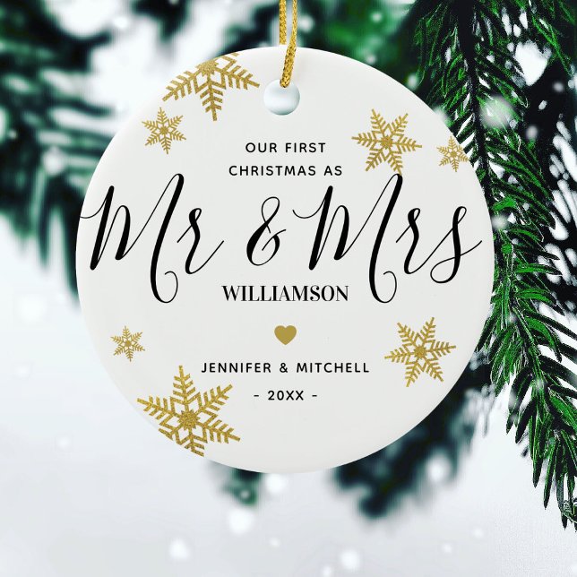 Modern Mr & Mrs Guld Snowflake vår första jul Julgransprydnad Keramik (Skapare uppladdad)