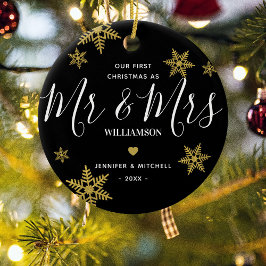 Modern Mr & Mrs Guld Snowflake vår första jul Julgransprydnad Keramik