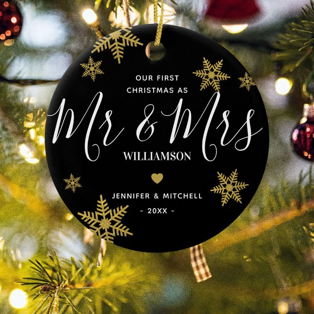 Modern Mr & Mrs Guld Snowflake vår första jul Julgransprydnad Keramik (Skapare uppladdad)