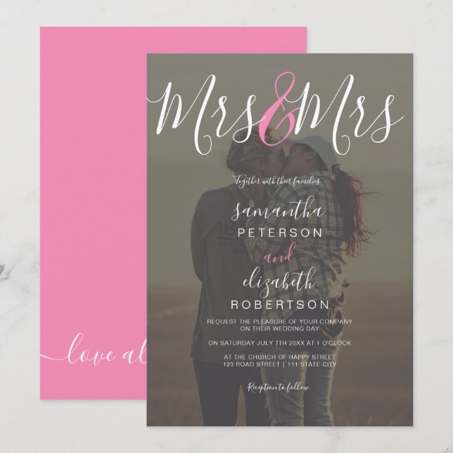 Modern Mrs rosa Photo lesbisk bröllop Inbjudningar (Fram/baksida)