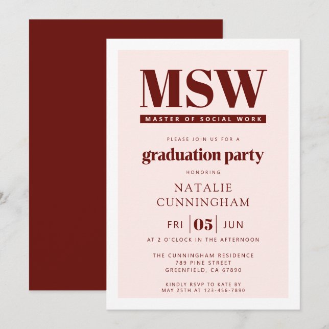 Modern MSW Master of Social Work-examen Inbjudningar (Fram/baksida)