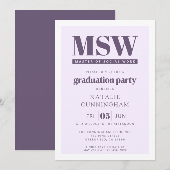 Modern MSW Master of Social Work-examen Inbjudningar (Fram/baksida)