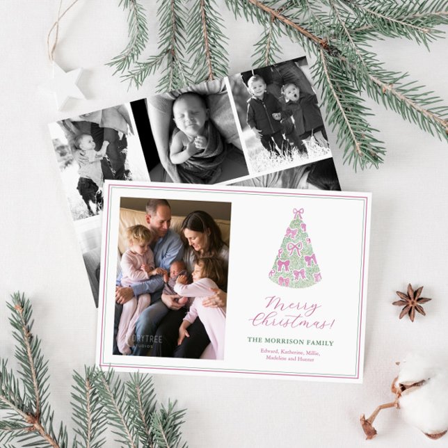 Modern mulberry Bows on Träd Photo Collage Julkort (Trendy mulberry pink watercolor coquette bows photo collage Christmas card)