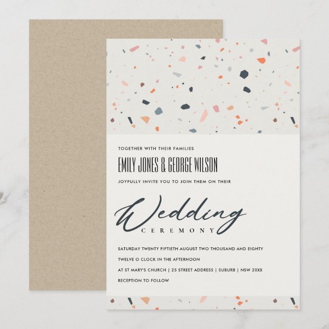 MODERN MULTI FÄRG TERRAZZO MÖNSTER WEDDING INVITE TACK KORT (Fram/baksida)