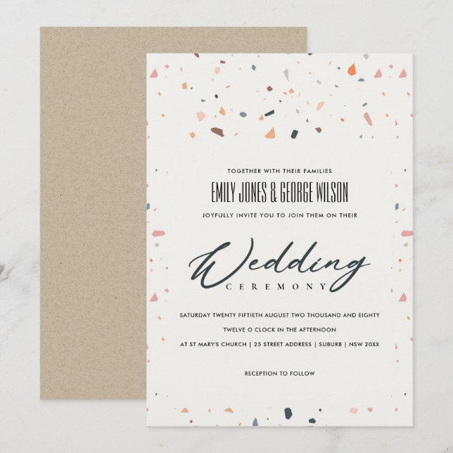 MODERN MULTI FÄRG TERRAZZO MÖNSTER WEDDING INVITE TACK KORT (Fram/baksida)