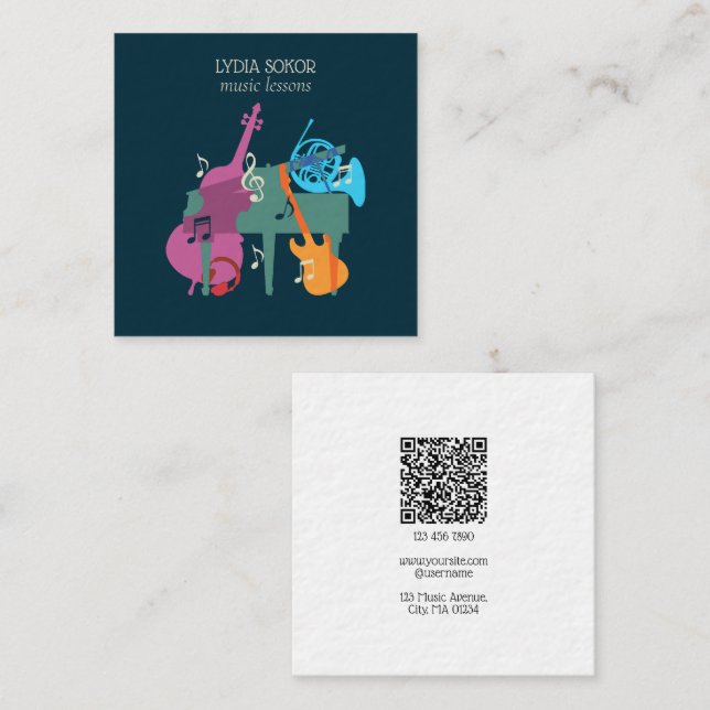 Modern Multi-Instrument Music Business Card Fyrkantigt Visitkort (Fram/baksida)