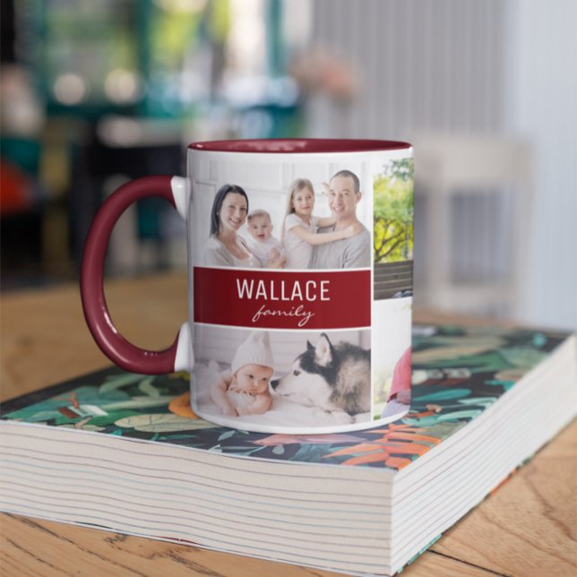 Modern Multi Photo Family Burgundy Red collage Mugg (Customizable, modern, red white two tone family collage mug.)