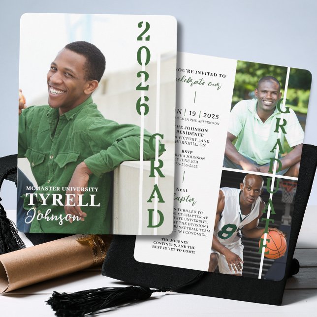Modern Multi Photo Graduation Class of 2026 Inbjudningar (Modern multi photo graduation announcement with vertical 2026 graduate design and custom details.)