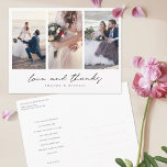 Modern multifoto Collage Bröllop Tack Vykort<br><div class="desc">Den här chicen är bara tre bröllop-fotokollage tack för att du har ett skarpt modernt utseende på vykortsmallen. Vi har gett den här minimalistdesignen ett varmt drag med "kärlek och tack" under dina favoritfoton i ett avslappnat skript i fodral som känns intimt och bekant. Det går inte att ändra inslag...</div>