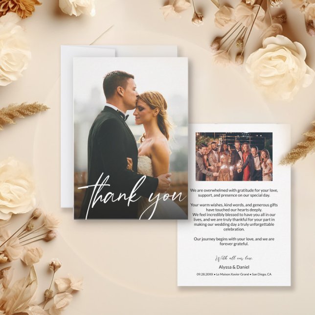 Modern multifoto Personligt bröllp Tack Kort (Wedding guest photos on thank you cards)