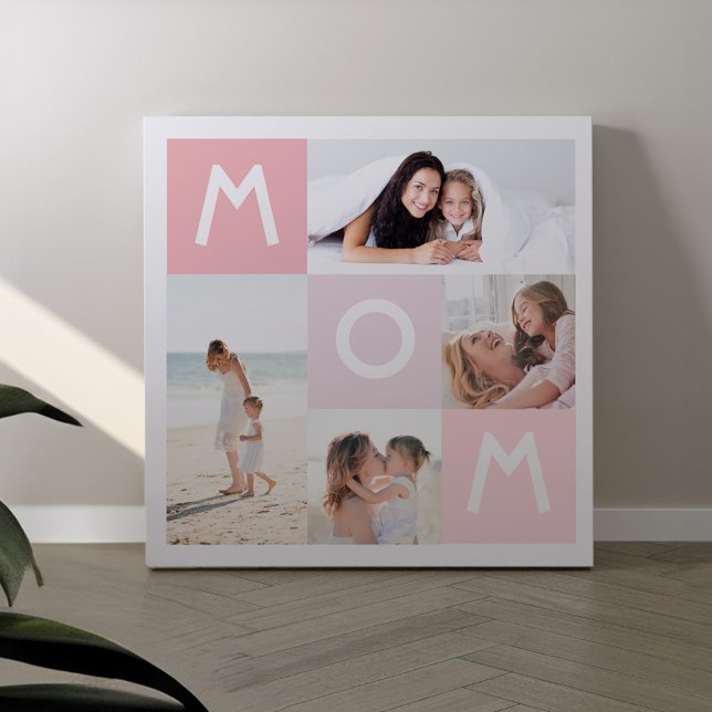 Modern multifotrutnät för mors dag Rosa Mamma Canvastryck (Happy Mothers Day Pink Mom Modern Multi Photo Grid Canvas Print)