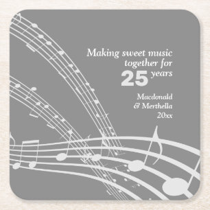 Modern MUSIK NOTER 25:e SILVER-årsdagen Underlägg Papper Kvadrat