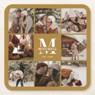 Modern Mustard Monogram-foto i första familjen Nam Underlägg Papper Kvadrat