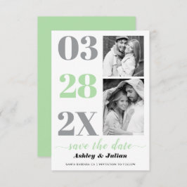 Modern mynta grönt, grått-typografi med två foton spara datumet