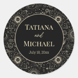 modern mystisk svart guld chic bröllop runt klistermärke