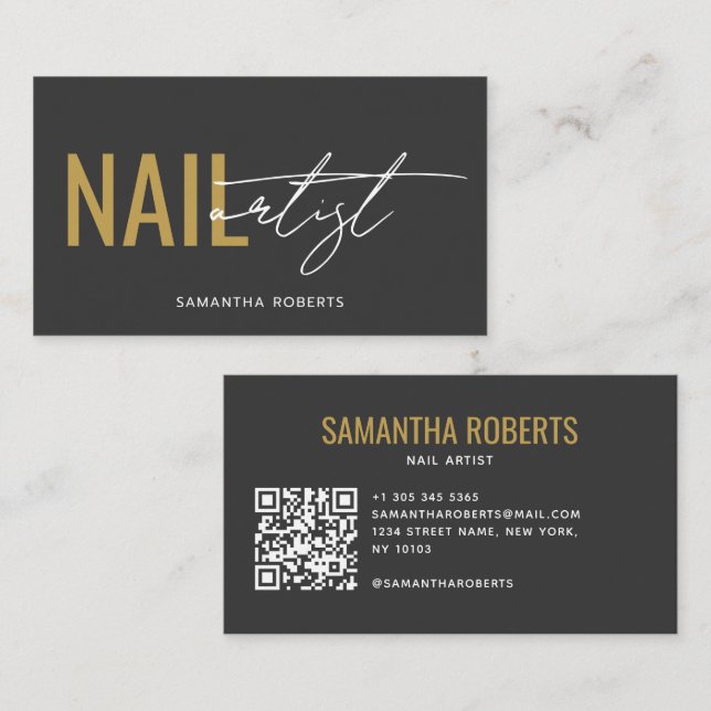 Modern nagelkonstnär QR-kod grå guld Visitkort (Fram/baksida)