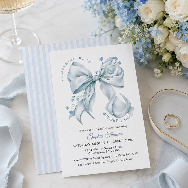 Modern Något Blått Innan Jag Gör Bröllopsfest Inbjudningar (Elegant Something Blue Bow Coquete Bridal Shower Invitation)