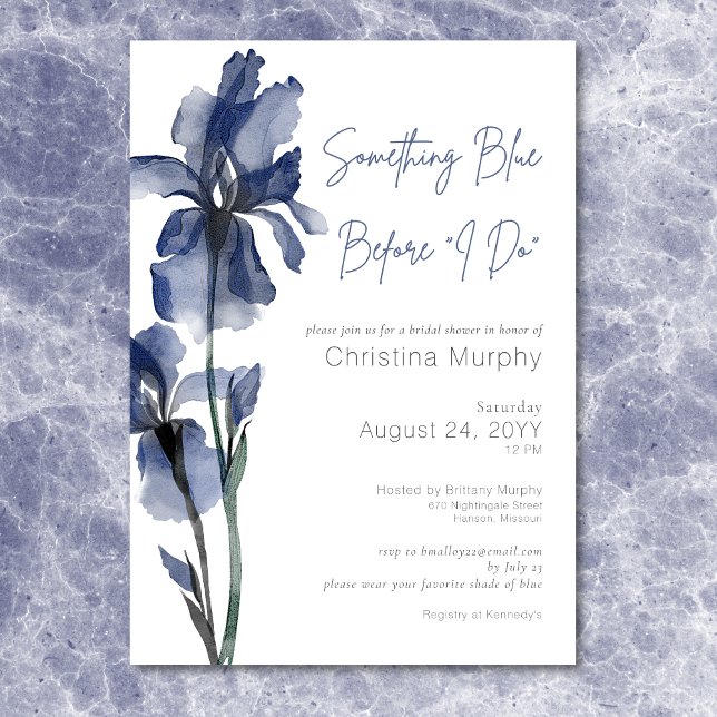Modern något Blue Iris-Möhippa Inbjudningar (Modern Something Blue Iris Bridal Shower Invitation)