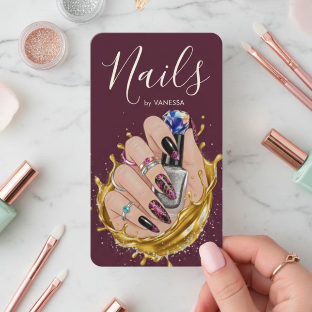 Modern Nail Art Studio Burgundy Manicurist Artist Visitkort (Skapare uppladdad)