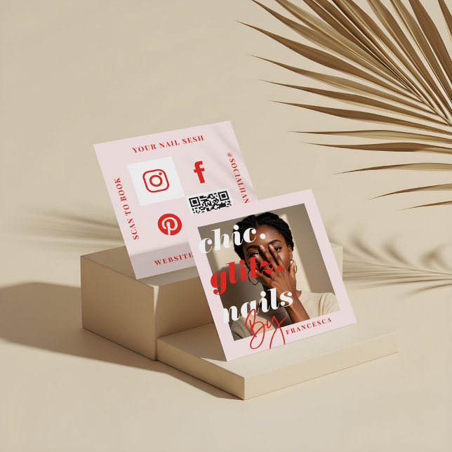 Modern Nail Salon Business Photo Social och QR-kod Fyrkantigt Visitkort (Modern Nail Salon Business Photo Social & QR Code Square Business Card)