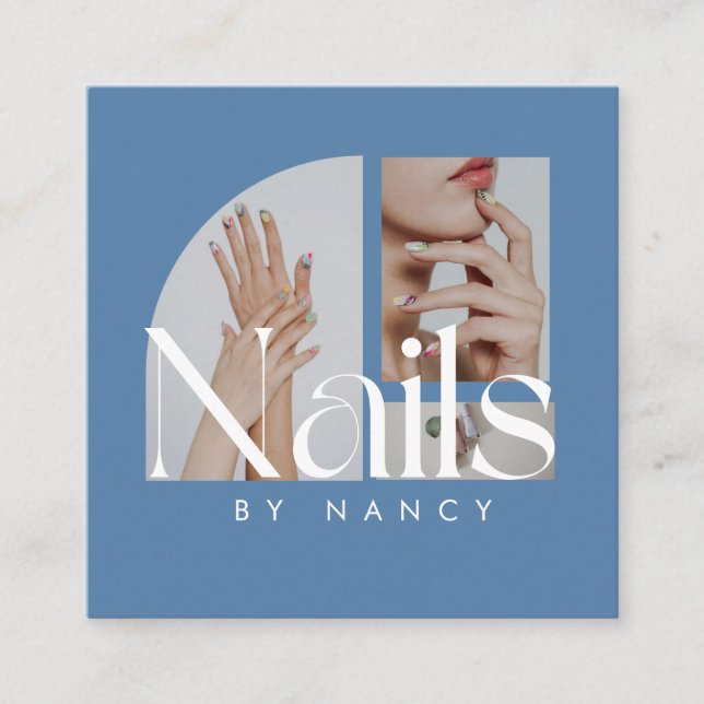 Modern Nail Salon Photo Collage Dusty Blue Fyrkantigt Visitkort (Framsida)