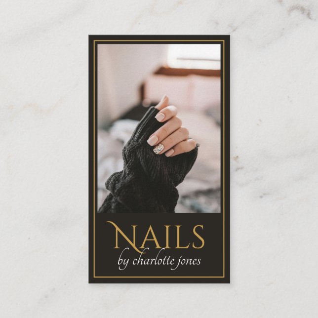 Modern Nail Technician Nagel Photo Black Guld Visitkort (Framsida)