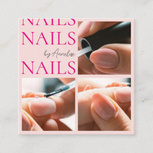 Modern Nails Blush Rosa Svart Script 3 Foto Salong Fyrkantigt Visitkort
