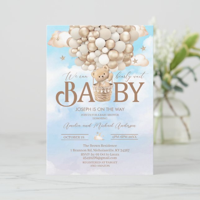 Modern nallebjörn vattenfärg baby shower inbjudningar (Stående Fram)