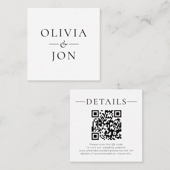 Modern Names QR Code Black White Wedding Details Tilläggskort (Fram/baksida)