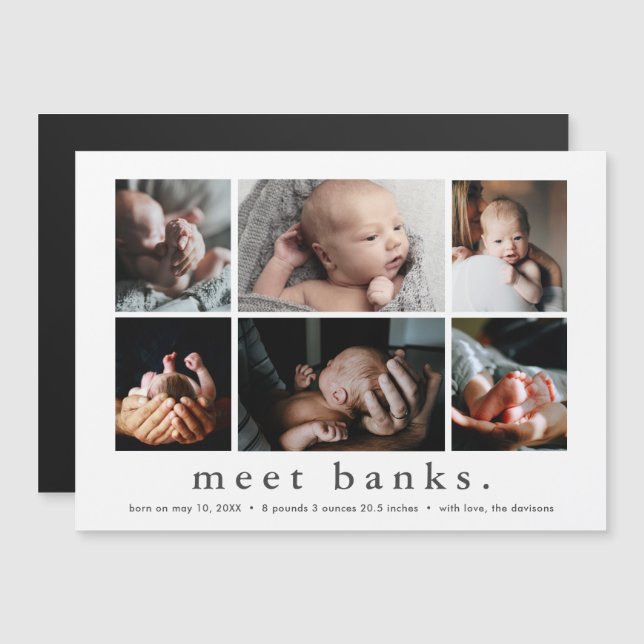 Modern Namn 6 Photo Collage Baby Tack Magnetisk Inbjudningskort (Fram/baksida)