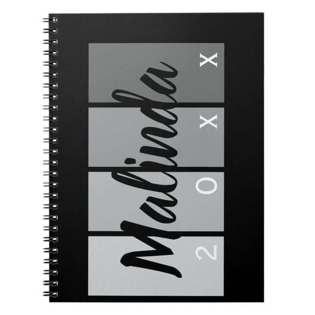 Modern Namn-design - minimal svartvitt och Silver Anteckningsbok (Framsidan)