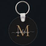 Modern Namn-Elegant, svart, Guld Monogram,  Nyckelring<br><div class="desc">Enkel svart Elegant i Guld Monogram,  modern skriptnyckelkedja</div>